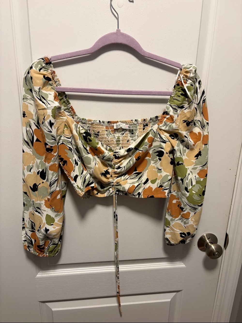 Lush Floral Shirred Crop Top in Cream, Olive & Mustard